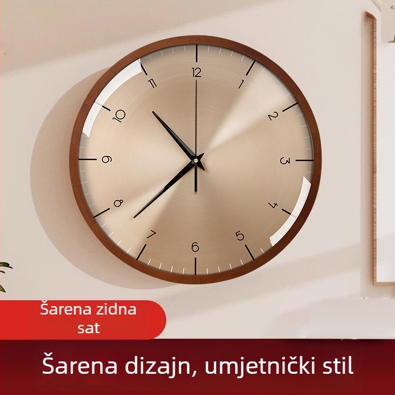 Zidni sat od orahovog drveta – tih, bez bušenja, kvarcni mehanizam (Lisheng), na baterije, okrugli cifernik, cifernik od masivnog drva