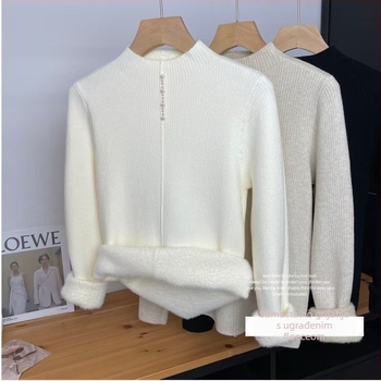 Ženski pleteni džemper od ice silk, uobičajene debljine, pola visokog ovratnika, rukavi princeze