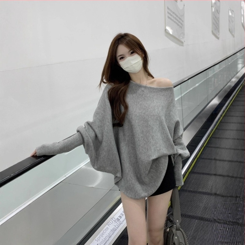 Ženski pleteni džemper s rukavima nalik na netopira i otvorenim ramenima, ležerni kroj, gusti pleteni materijal, 3D uzorak