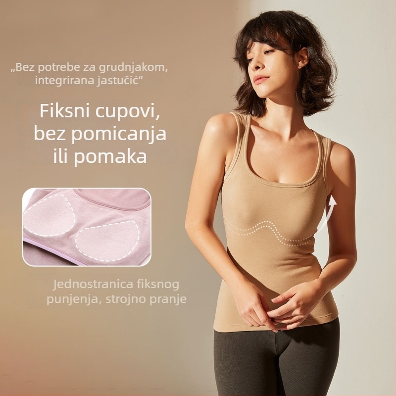 Ženski termo prsluk od akrilnih vlakana, ekstra debel 301–350 g/m², s integriranim grudnjakom i umetkom za dojke, U-izrez, jednofarben uzorak, baza sloja