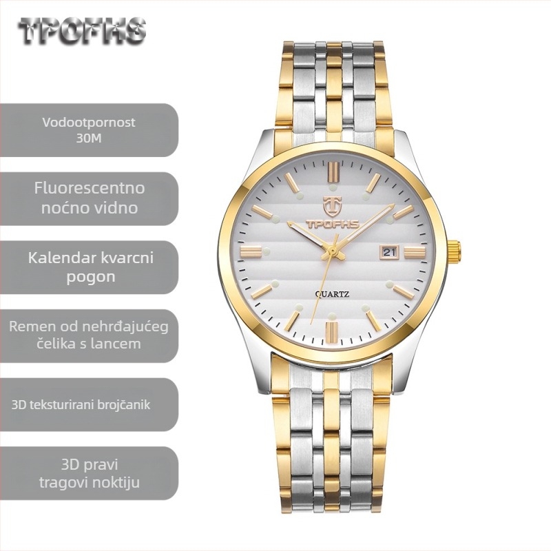 RUOLINDO Quartz sat s luminescijskim brojčanikom, nehrđajući čelični remen, kalendar, vodootpornost 10 m, mehanizam CHENLONG 618
