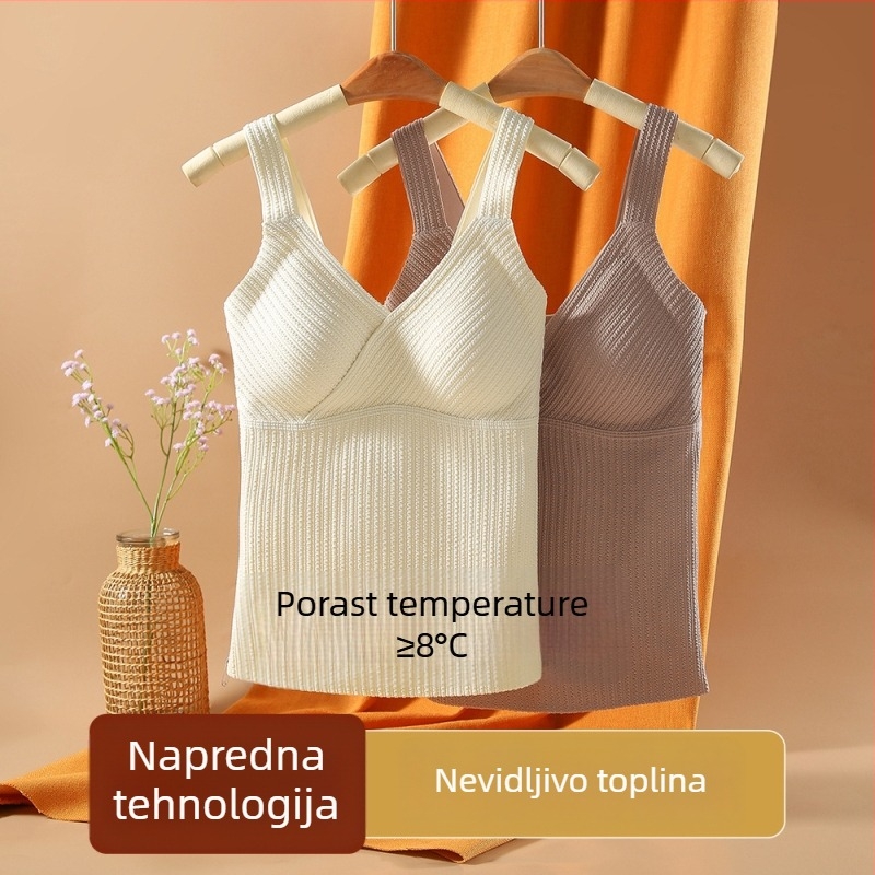 Ženski termalni osnovni gornji dio od najlona, s jastučićem za prsima, flis unutarnja podstava, dvostruka debljina, U-izrez, pogodan za nošenje i kao vanjski komad odjeće