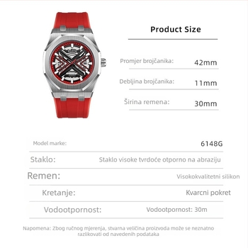 Wulishi 6148 Muški sportski kvarcni sat s romboidnim brojčanikom 42 mm, luminozan zaslon i kalendar, vodootpornost do 30 m