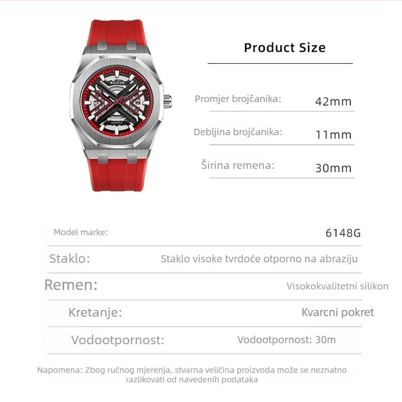Wulishi 6148 Muški sportski kvarcni sat s romboidnim brojčanikom 42 mm, luminozan zaslon i kalendar, vodootpornost do 30 m