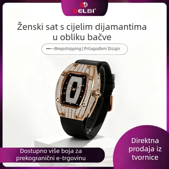 Belbi ženski kvarcni sat s barl‑ oblikovanim cifrom, kućište od zinkove legure, gumeni remen, analogni prikaz, vodootpornost 10 m, krunica u obliku luka, nehrđajući čelik kopča