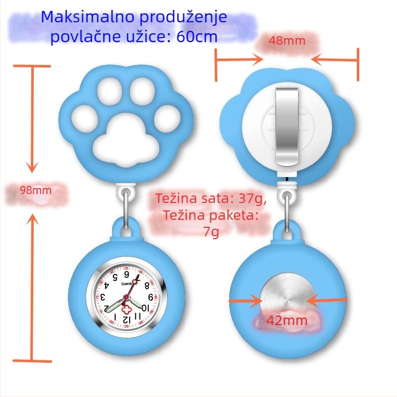 Sestre sat s dizajnom mačje šape; prilagodljivo obrada i tiskano logo; kvarcni mehanizam, kućište od cinkovog legura, okrugli brojčanik