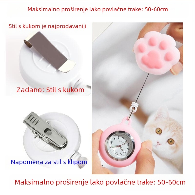 Sestre sat s dizajnom mačje šape; prilagodljivo obrada i tiskano logo; kvarcni mehanizam, kućište od cinkovog legura, okrugli brojčanik