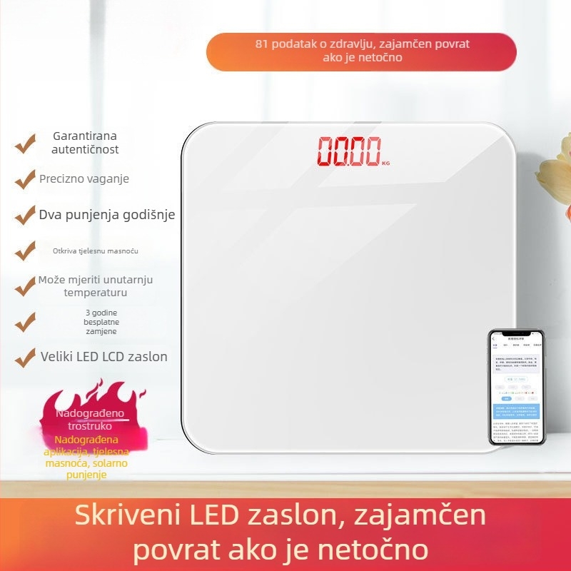 Kućna elektronička vaga za mjerenje tjelesne težine, precizna i izdržljiva, punjiva, kompaktna pametna vaga za mjerenje tjelesne masnoće