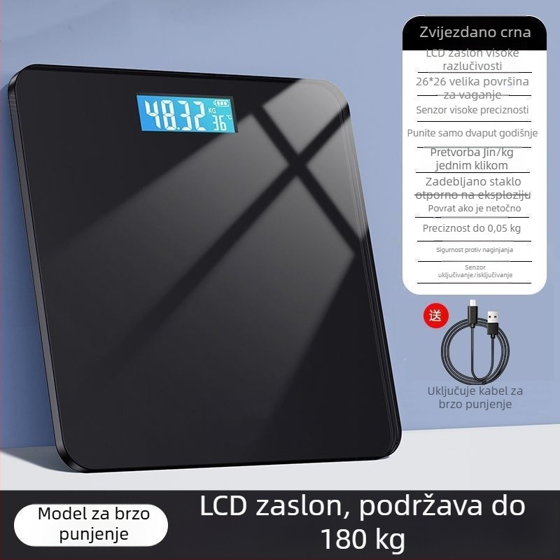 Kućna elektronička vaga za mjerenje tjelesne težine, precizna i izdržljiva, punjiva, kompaktna pametna vaga za mjerenje tjelesne masnoće