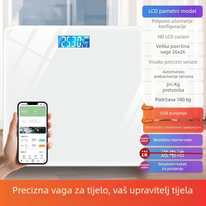 Kućna elektronička vaga za mjerenje tjelesne težine, precizna i izdržljiva, punjiva, kompaktna pametna vaga za mjerenje tjelesne masnoće