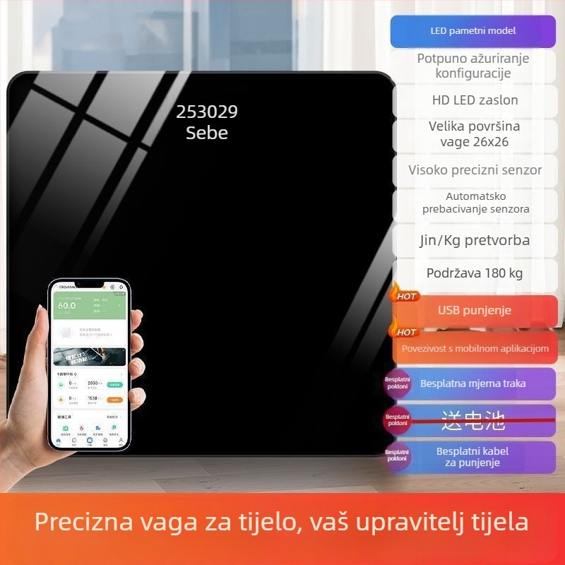 Kućna elektronička vaga za mjerenje tjelesne težine, precizna i izdržljiva, punjiva, kompaktna pametna vaga za mjerenje tjelesne masnoće