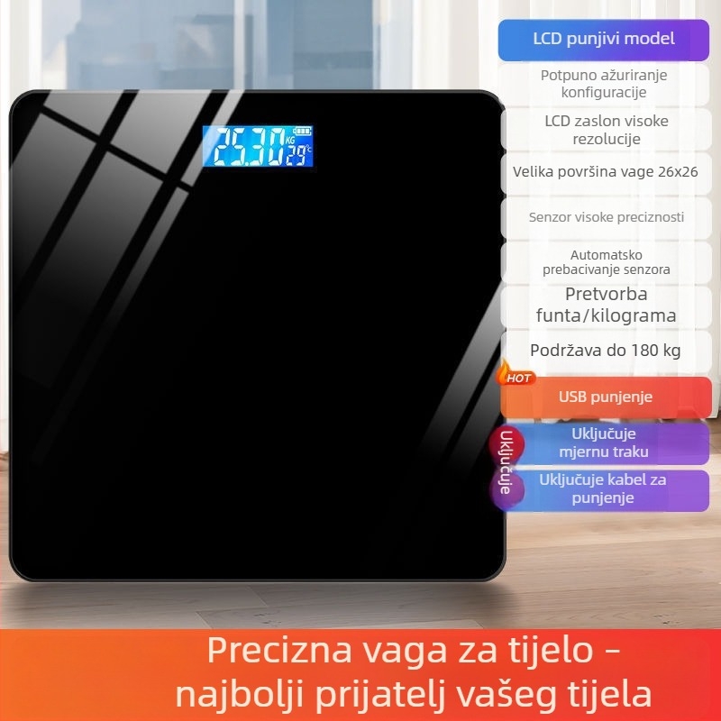 Kućna elektronička vaga za mjerenje tjelesne težine, precizna i izdržljiva, punjiva, kompaktna pametna vaga za mjerenje tjelesne masnoće