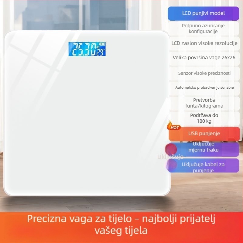 Kućna elektronička vaga za mjerenje tjelesne težine, precizna i izdržljiva, punjiva, kompaktna pametna vaga za mjerenje tjelesne masnoće
