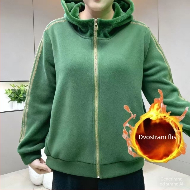 Ženska premijumska dvostruko plišasta fleece kapucna jakna za jesen-zimu, debela i topla, opušten stil