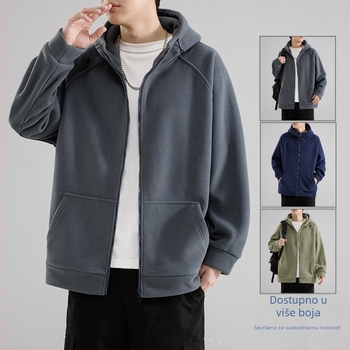 Muški japanski retro kardigan s kapuljačom, debeli polarni fleece, zatvarač sprijeda, stojeći ovratnik, široka silueta