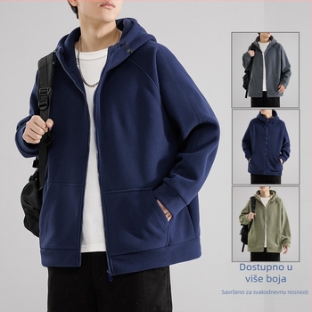 Muški japanski retro kardigan s kapuljačom, debeli polarni fleece, zatvarač sprijeda, stojeći ovratnik, široka silueta