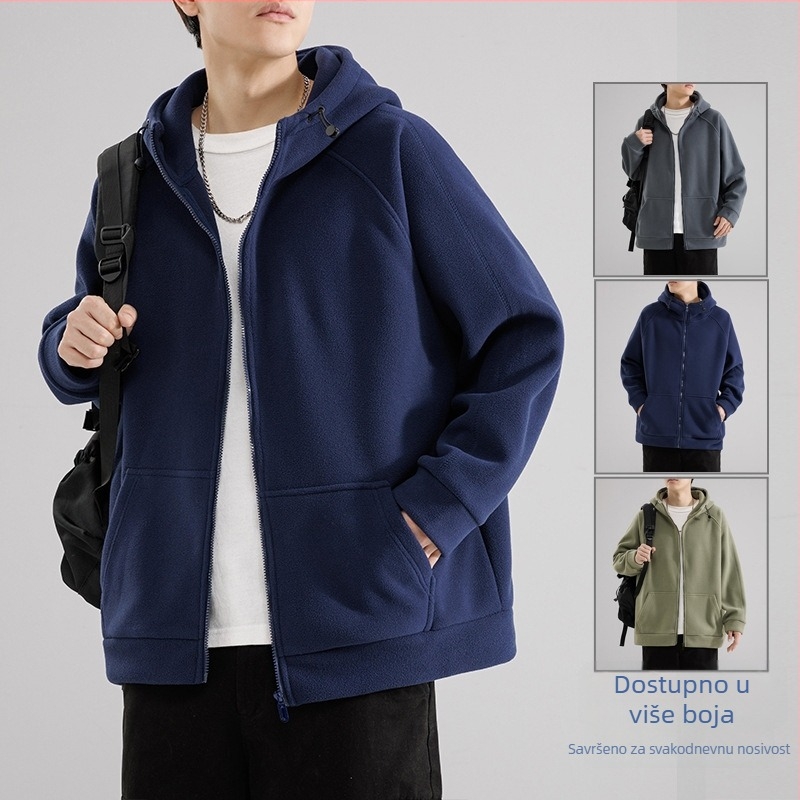 Muški japanski retro kardigan s kapuljačom, debeli polarni fleece, zatvarač sprijeda, stojeći ovratnik, široka silueta