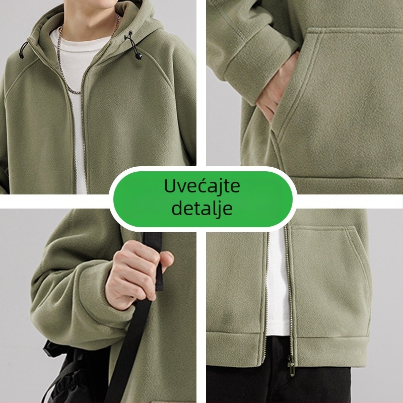 Muški japanski retro kardigan s kapuljačom, debeli polarni fleece, zatvarač sprijeda, stojeći ovratnik, široka silueta