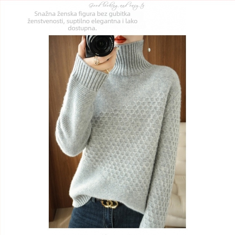 Ženski debeli pleteni džemper s visokim ovratnikom, dugi rukavi, poliester 50–70%, japansko-korejski casual stil