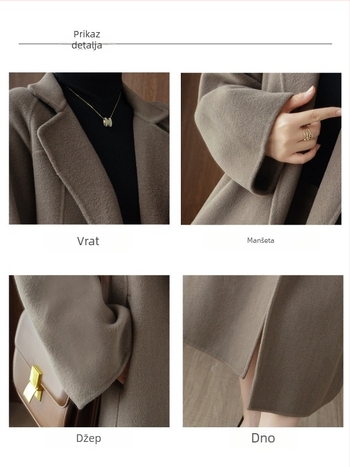 Ženski vuneni tweed kaput, ležernog kroja, ručno pleten, dugi rukavi, produžena duljina