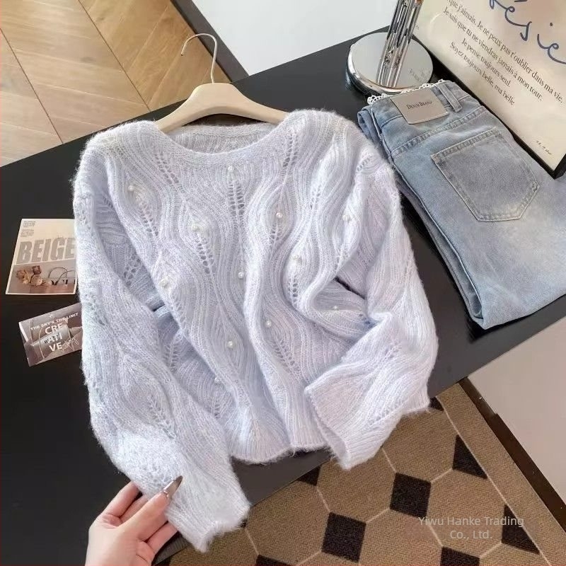 Ženski chenille džemper s perlama, prorezani pleteni uzorak, kapuljača, okrugli izrez, rukavi u stilu princeze, Spandex do 30%