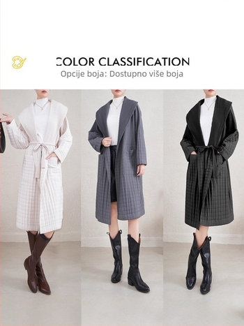 Ženski kaput u stilu kapе, vanjski poliester s pamukom punjen, dugi rukavi, okrugli ovratnik, prednje vezivanje uz pomoć špage, srednja duljina, zimski debeli kaput