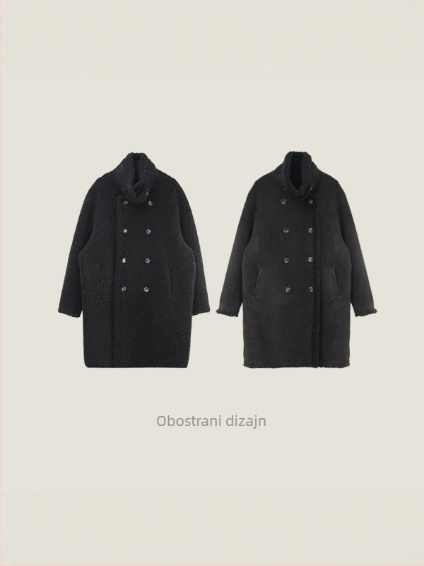 Ženski krzneni kaput, dugačak kroj, dvostruki red kopči, stojeći ovratnik, 95% vuna, Granular Fleece, retro stil, zima 2025