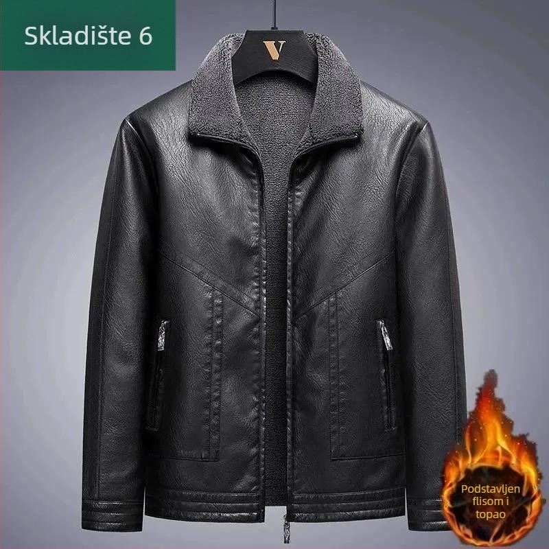 Muška kožna jakna od konjske kože s flis podstavom za zimu, debela, široki kroj, moder stil