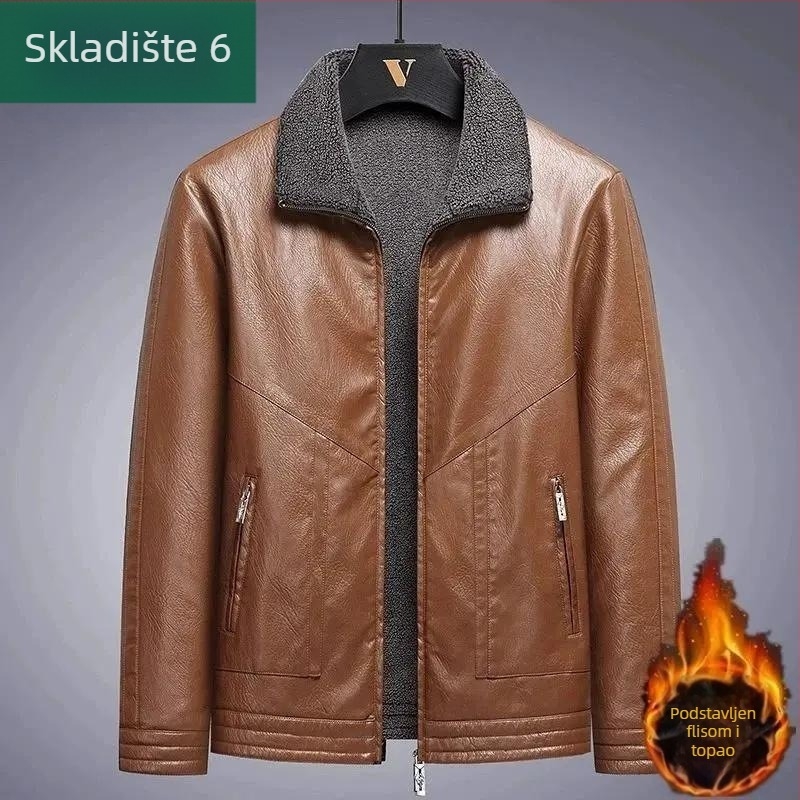 Muška kožna jakna od konjske kože s flis podstavom za zimu, debela, široki kroj, moder stil