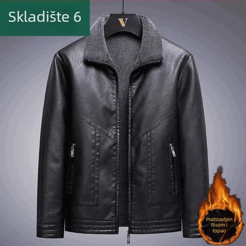 Muška kožna jakna od konjske kože s flis podstavom za zimu, debela, široki kroj, moder stil