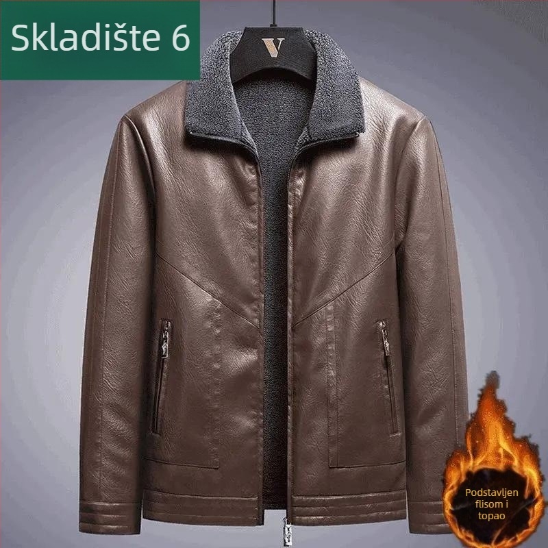 Muška kožna jakna od konjske kože s flis podstavom za zimu, debela, široki kroj, moder stil