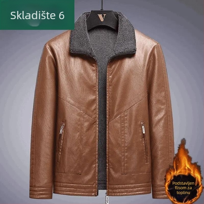 Muška kožna jakna od konjske kože s flis podstavom za zimu, debela, široki kroj, moder stil