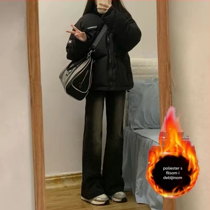 Traperice od denima s fleece podstavom, debele tkanina, visok pojas, široke nogavice