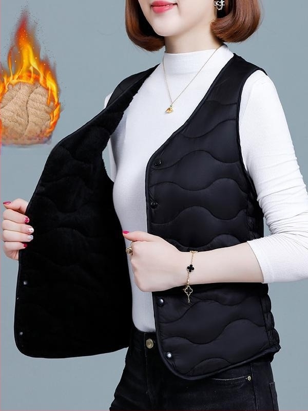 Ženska vest s pamuk punjenjem; poliester tkanina; prugasti/karirani uzorak; okrugli ovratnik; kopčanje s kopčama