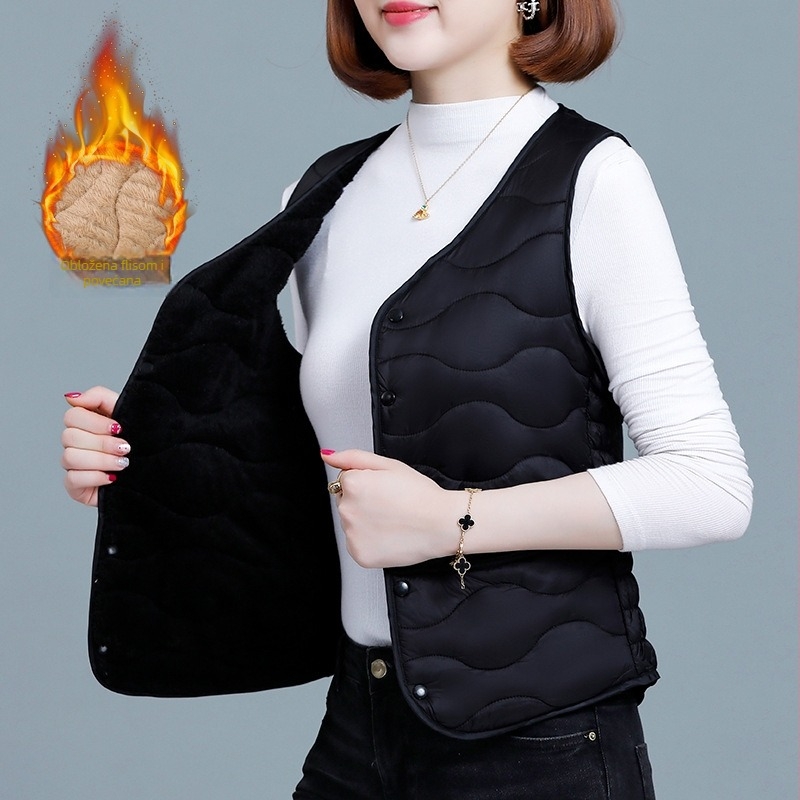 Ženska vest s pamuk punjenjem; poliester tkanina; prugasti/karirani uzorak; okrugli ovratnik; kopčanje s kopčama