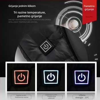 Muški grijani prsluk s pet grijnih elemenata, regulacija temperature, stojeći ovratnik sa zatvaračem, debeli materijal, dizajn s više džepova