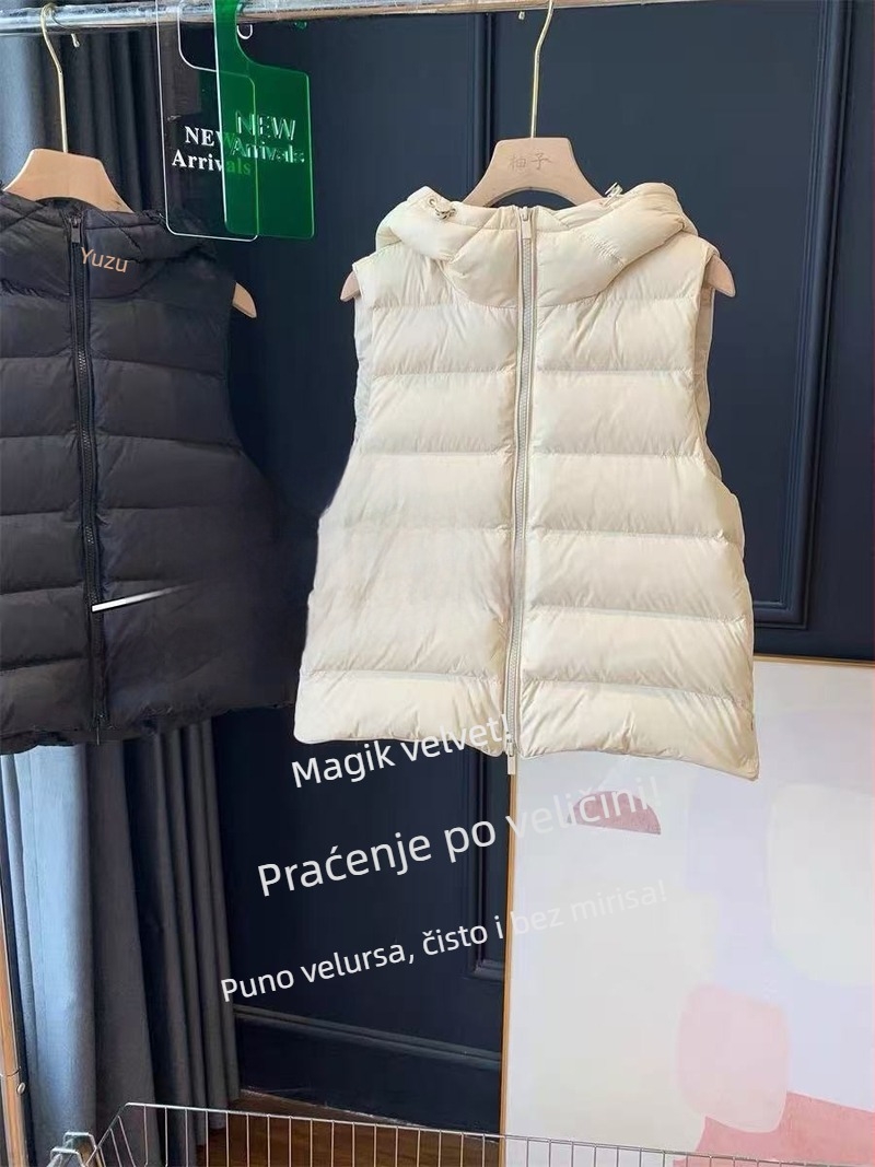 Ženska kapuljačasta vesta s perjem bijele patke, najlonska vanjska tkanina, 95% sadržaj perja, zatvarač