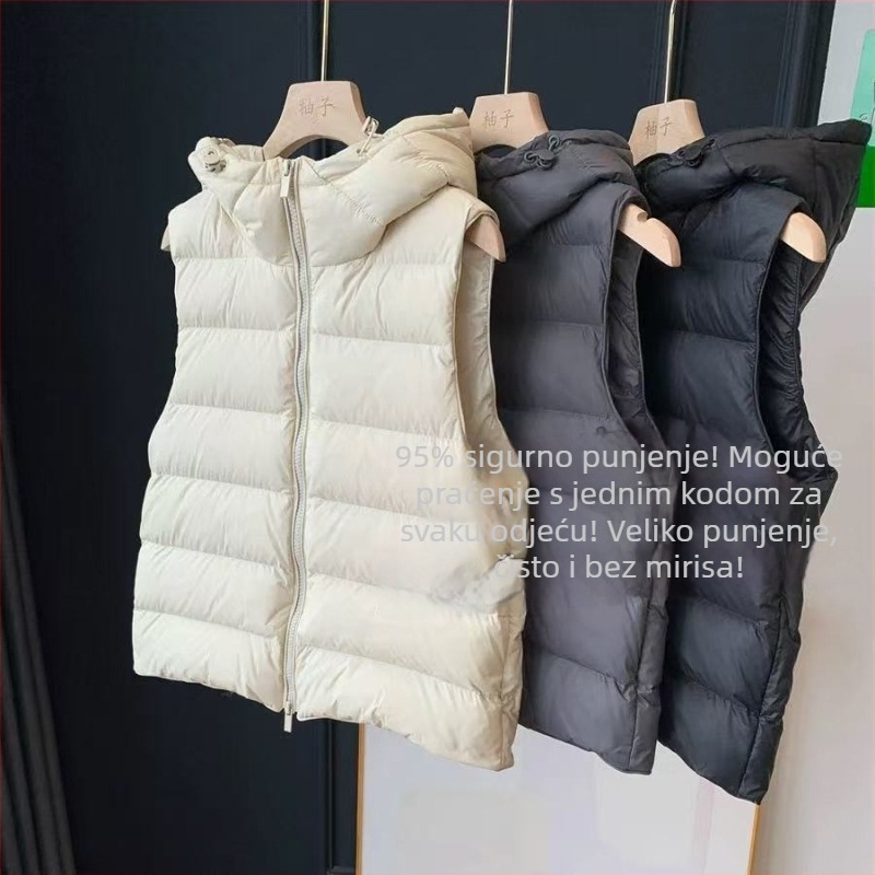 Ženska kapuljačasta vesta s perjem bijele patke, najlonska vanjska tkanina, 95% sadržaj perja, zatvarač