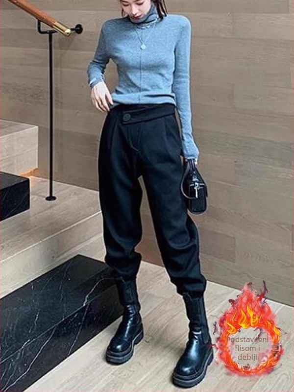 Ženske fleecirane hlače u stilu cargo-harem, visoki struk, smjesa poliestera, srednja debljina