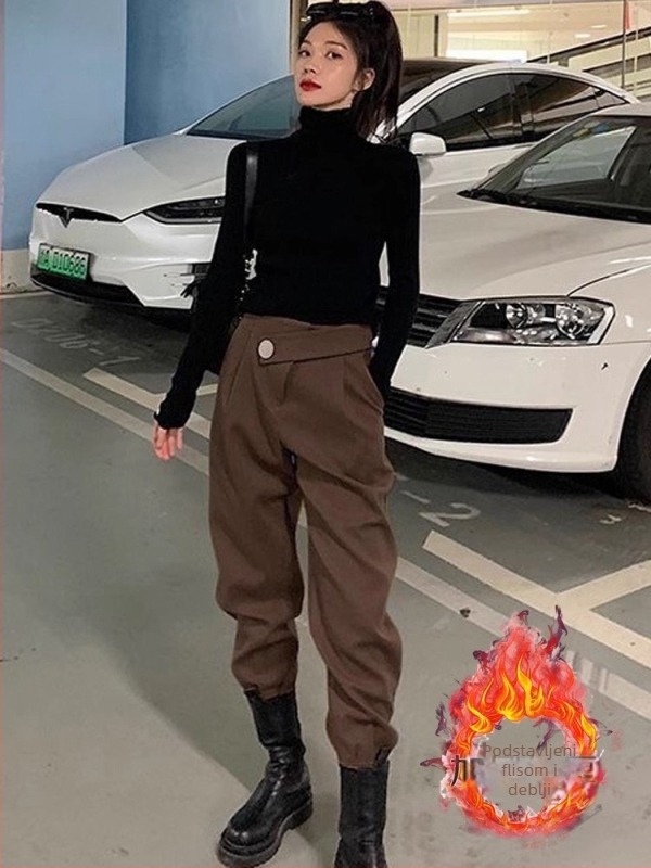 Ženske fleecirane hlače u stilu cargo-harem, visoki struk, smjesa poliestera, srednja debljina