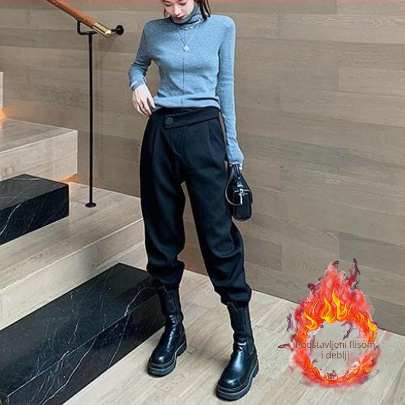 Ženske fleecirane hlače u stilu cargo-harem, visoki struk, smjesa poliestera, srednja debljina