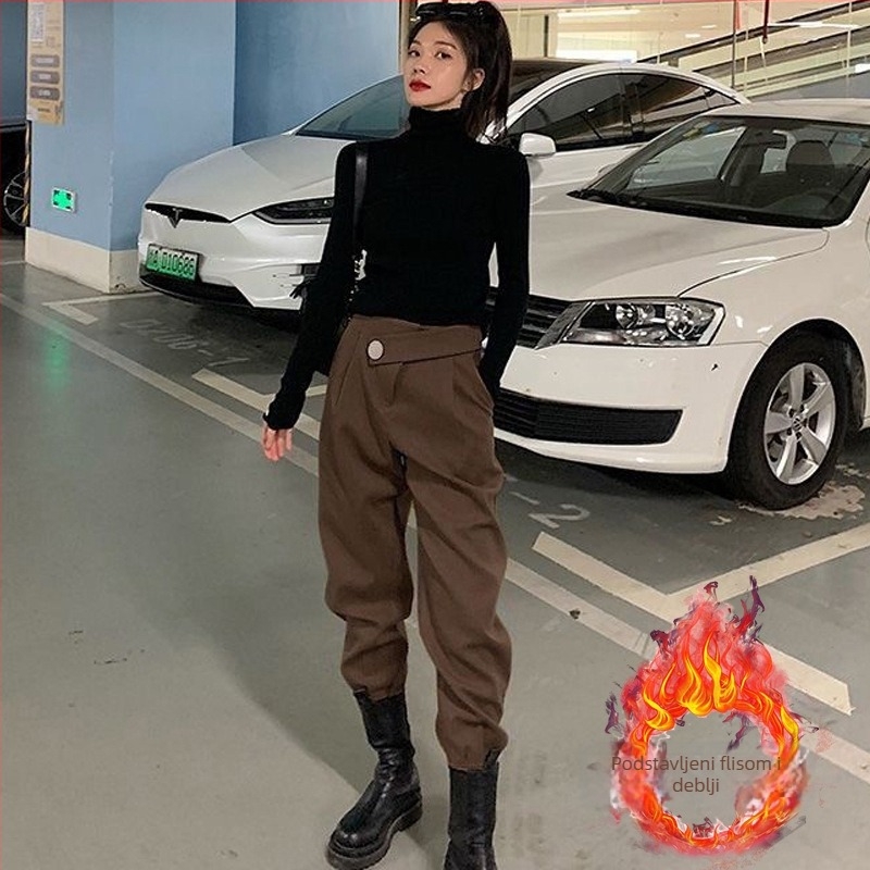 Ženske fleecirane hlače u stilu cargo-harem, visoki struk, smjesa poliestera, srednja debljina