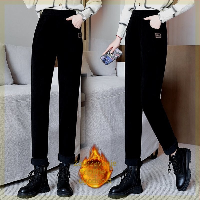 Ženske flis hlače s labavim krojem i ravnim krojem nogavica, zima 2023, elastični pojas