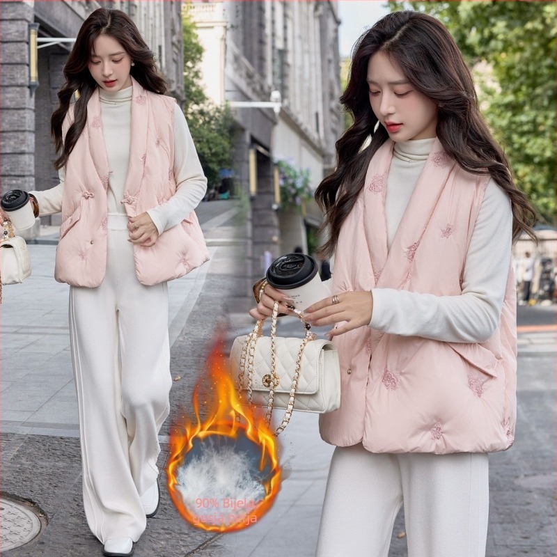 Down prsluk s V izrezom, punilo od bijelog patka, 86–90% udjela perja, 51–100 g punjenja, slobodan kroj