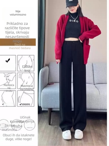 Ženske hlače ravnog kroja od viskoze, visokim strukom, debela tkanina, mikroelastičnost, jesen-zima casual stil