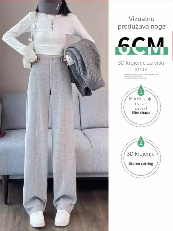 Ženske hlače ravnog kroja od viskoze, visokim strukom, debela tkanina, mikroelastičnost, jesen-zima casual stil