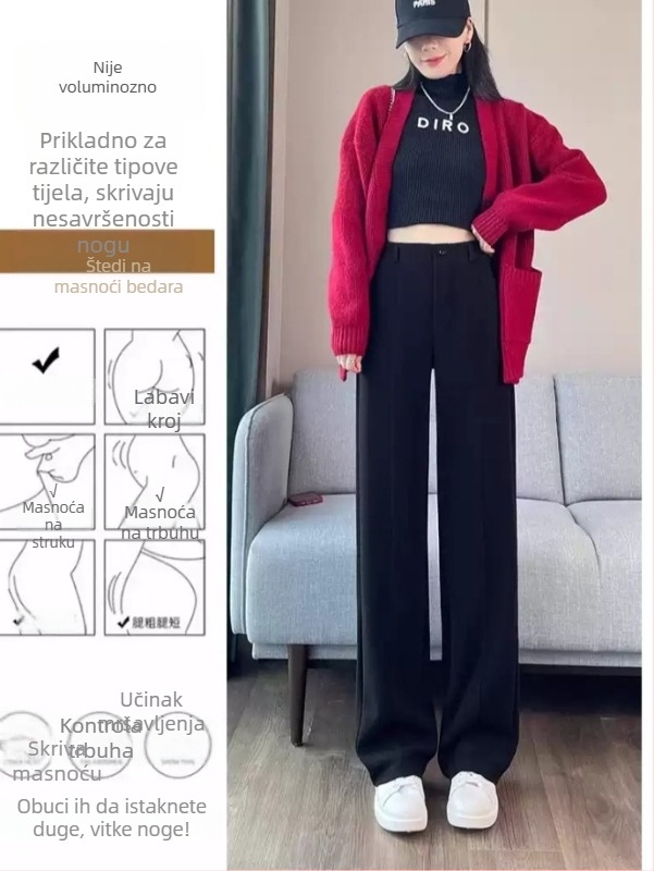 Ženske hlače ravnog kroja od viskoze, visokim strukom, debela tkanina, mikroelastičnost, jesen-zima casual stil