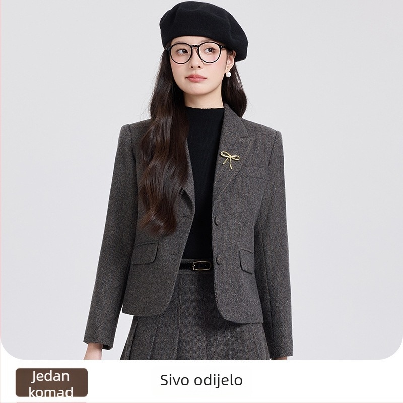 Ženski vuneni kostim sa blejzerom i suknjom, dvodijelni set, jesen-zima, elegantan poslovni stil