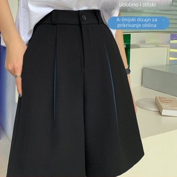 Crne ženske kratke hlače u stilu odijela za ljeto, visoki pojas, opušten kroj, lagani ice silk materijal, plus veličina, A‑linija