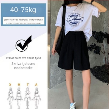 Crne ženske kratke hlače u stilu odijela za ljeto, visoki pojas, opušten kroj, lagani ice silk materijal, plus veličina, A‑linija